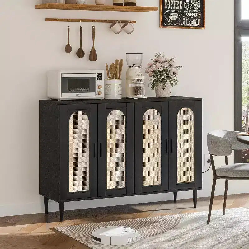 47.4 Buffet en rotin, buffet d'appoint en bois avec prise de courant, buffet en bois avec 4 portes