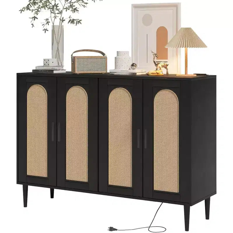 47.4 Buffet en rotin, buffet d'appoint en bois avec prise de courant, buffet en bois avec 4 portes