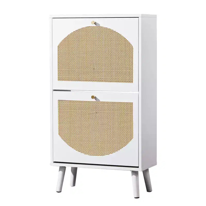 2 meubles à chaussures blancs avec 2 tiroirs abattants, en panneaux de particules, largeur 98 cm