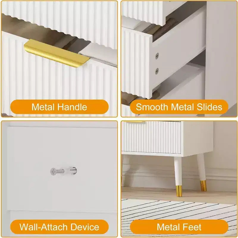 Commode cannelée à 5 tiroirs - Meuble de rangement moderne à accents dorés pour chambre et salon
