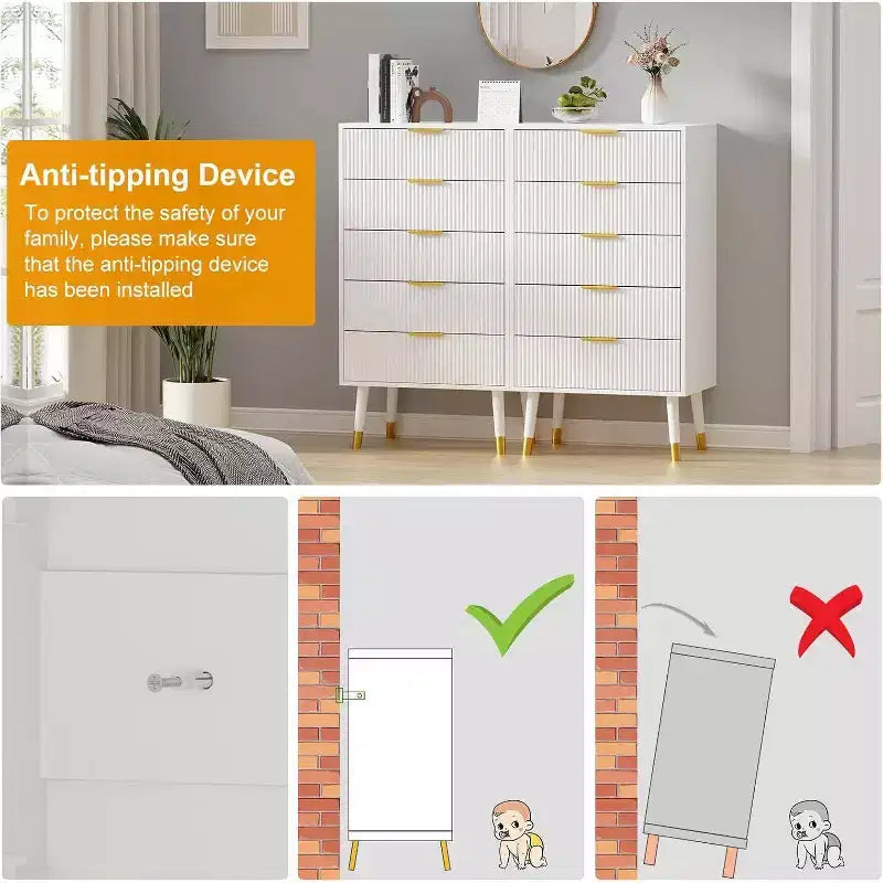 Commode cannelée à 5 tiroirs - Meuble de rangement moderne à accents dorés pour chambre et salon