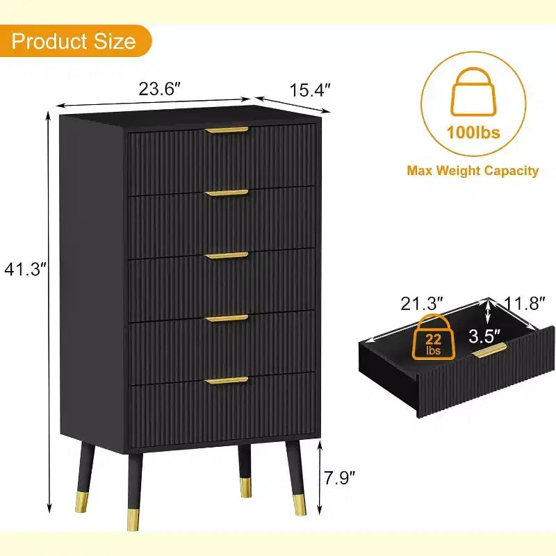 Commode cannelée à 5 tiroirs - Meuble de rangement moderne à accents dorés pour chambre et salon