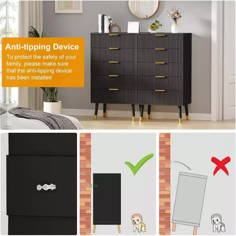 Commode cannelée à 5 tiroirs - Meuble de rangement moderne à accents dorés pour chambre et salon