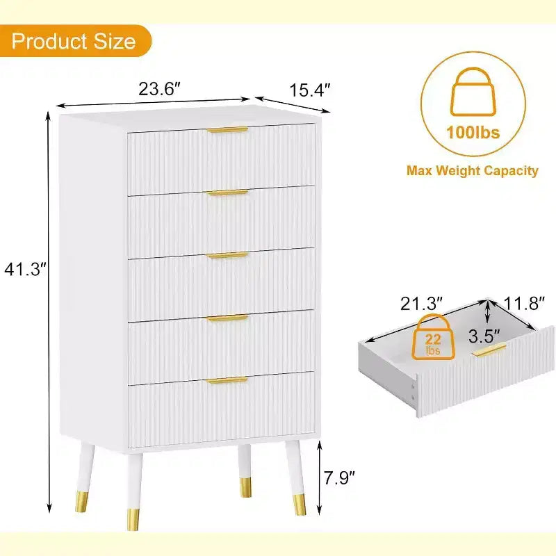 Commode cannelée à 5 tiroirs - Meuble de rangement moderne à accents dorés pour chambre et salon