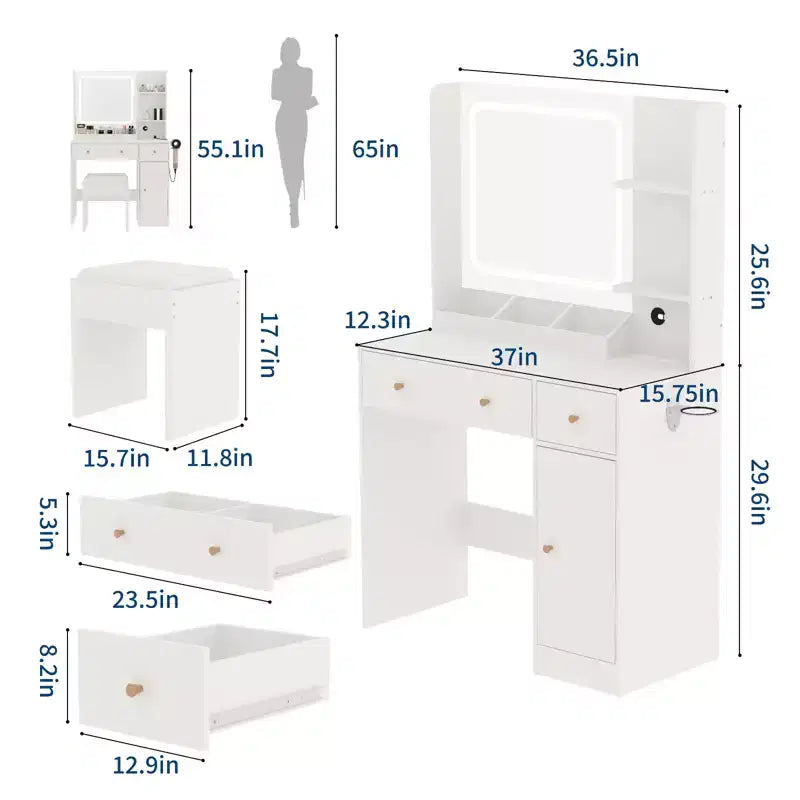 Coiffeuse avec miroir et lumières, prise de courant, table de maquillage avec tabouret, 3 modes d'éclairage, luminosité réglable, table de dressing