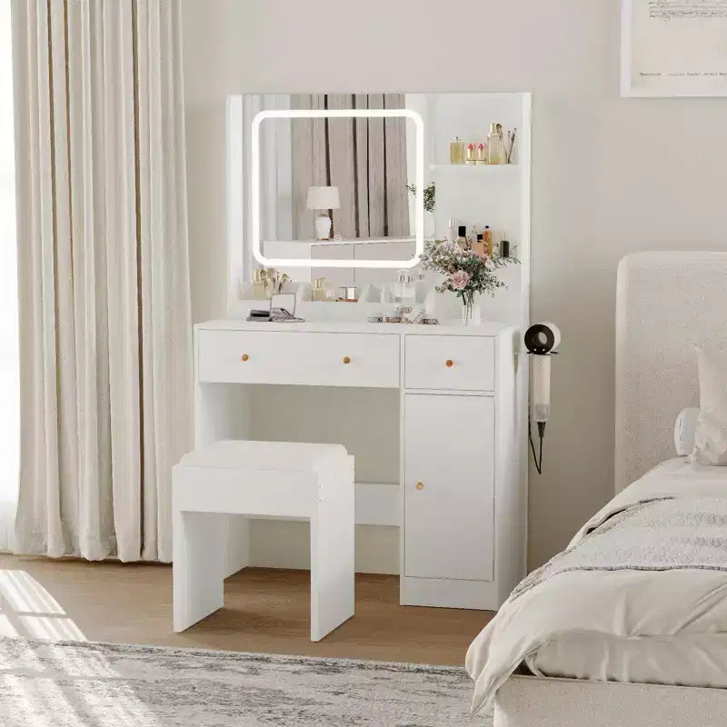 Coiffeuse avec miroir et lumières, prise de courant, table de maquillage avec tabouret, 3 modes d'éclairage, luminosité réglable, table de dressing