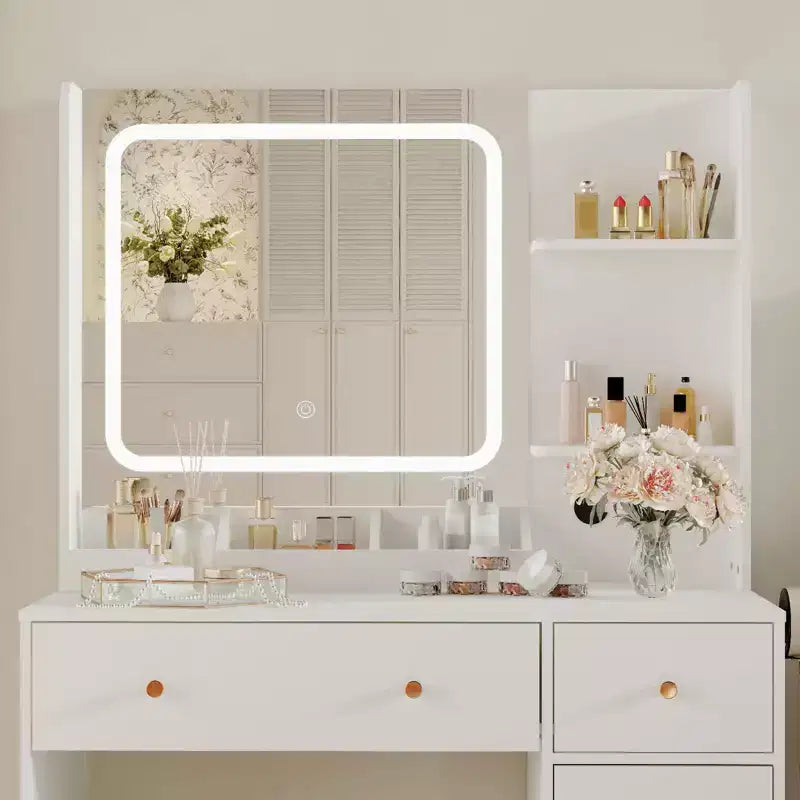 Coiffeuse avec miroir et lumières, prise de courant, table de maquillage avec tabouret, 3 modes d'éclairage, luminosité réglable, table de dressing