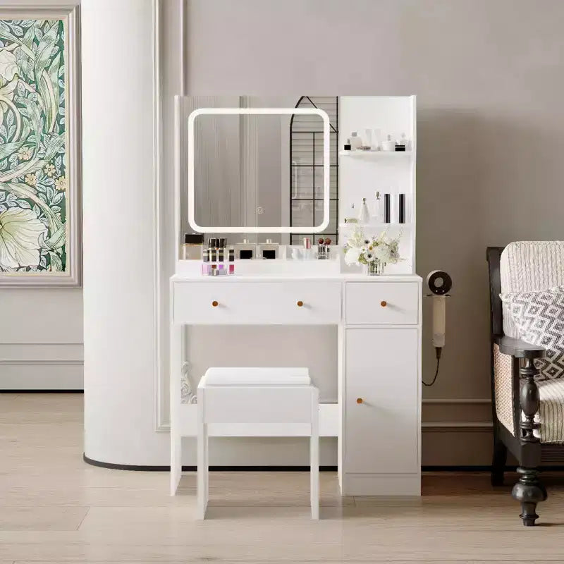 Coiffeuse avec miroir et lumières, prise de courant, table de maquillage avec tabouret, 3 modes d'éclairage, luminosité réglable, table de dressing