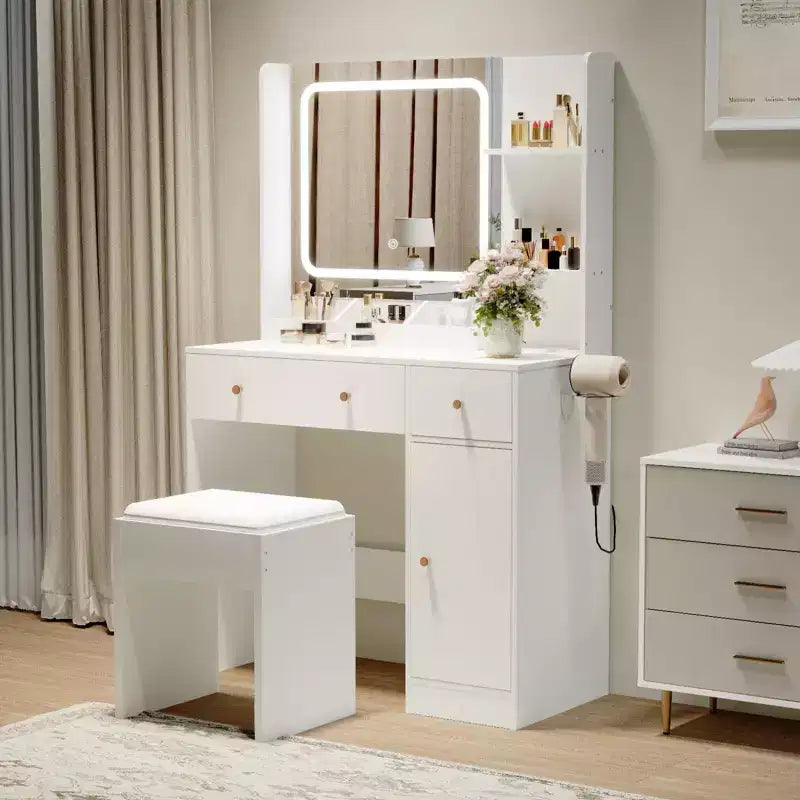 Coiffeuse avec miroir et lumières, prise de courant, table de maquillage avec tabouret, 3 modes d'éclairage, luminosité réglable, table de dressing
