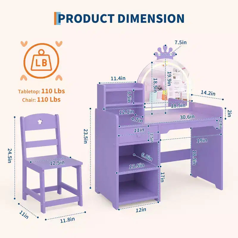 Table et chaise de coiffeuse pour enfants avec miroir et lumières, tiroir et étagères de rangement ouvertes, table de maquillage en bois pour petites filles