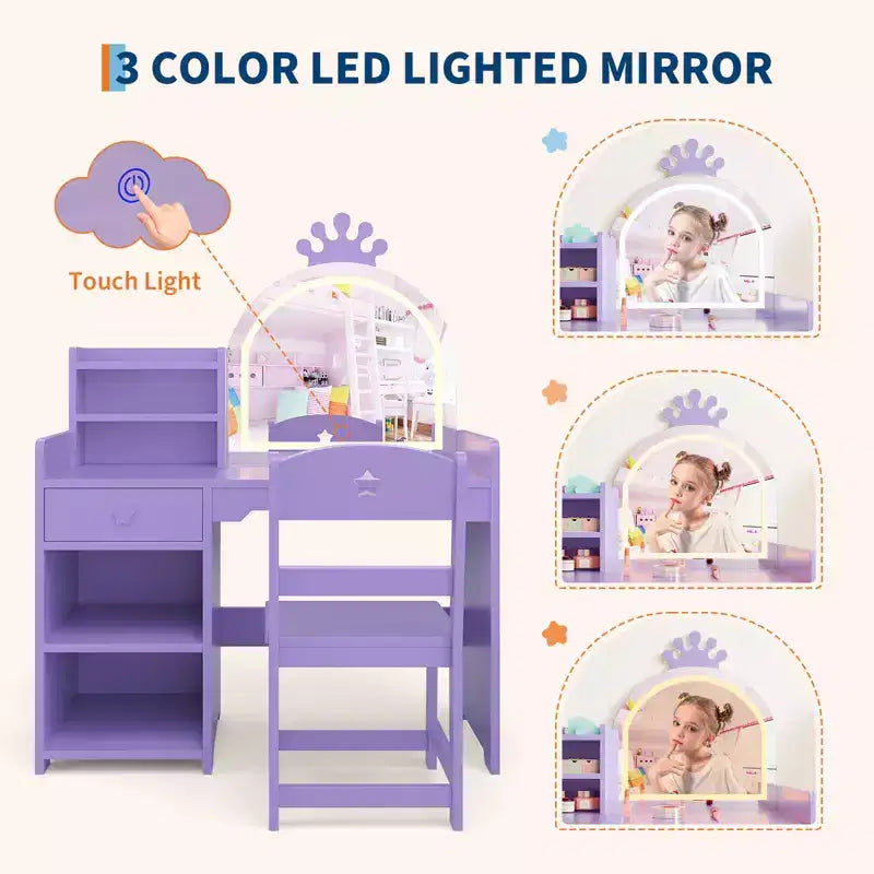 Table et chaise de coiffeuse pour enfants avec miroir et lumières, tiroir et étagères de rangement ouvertes, table de maquillage en bois pour petites filles