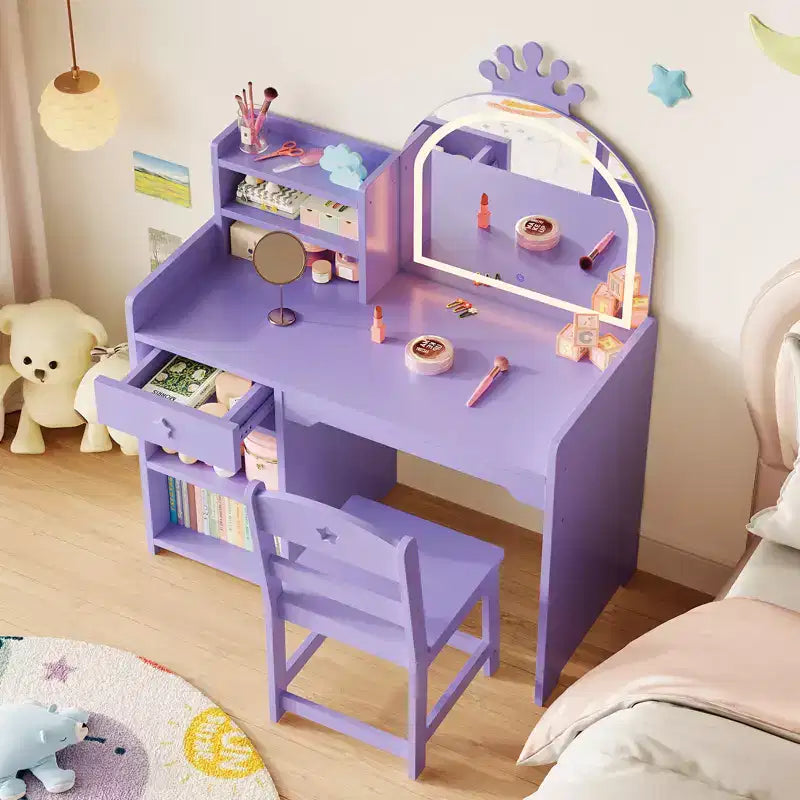 Table et chaise de coiffeuse pour enfants avec miroir et lumières, tiroir et étagères de rangement ouvertes, table de maquillage en bois pour petites filles