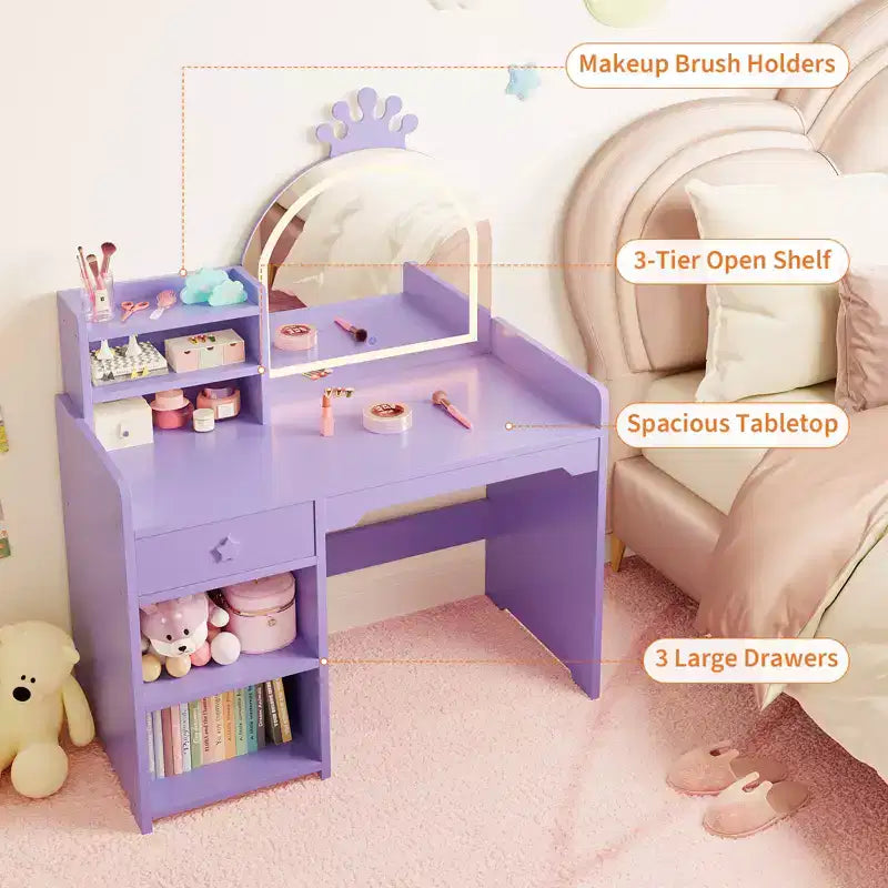 Table et chaise de coiffeuse pour enfants avec miroir et lumières, tiroir et étagères de rangement ouvertes, table de maquillage en bois pour petites filles