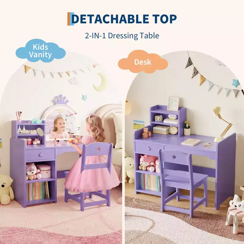 Table et chaise de coiffeuse pour enfants avec miroir et lumières, tiroir et étagères de rangement ouvertes, table de maquillage en bois pour petites filles