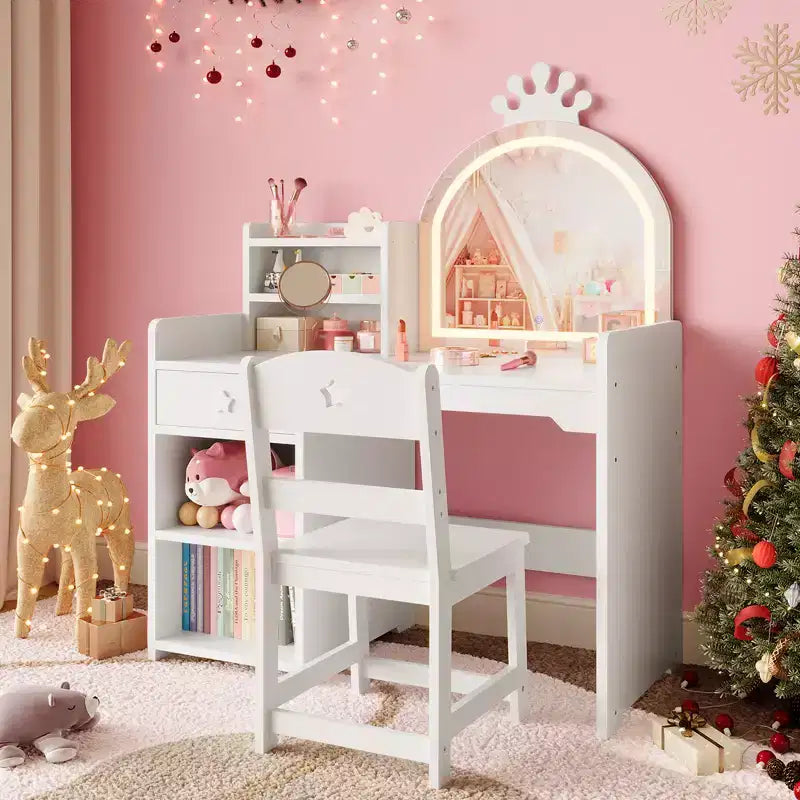 Table et chaise de coiffeuse pour enfants avec miroir et lumières, tiroir et étagères de rangement ouvertes, table de maquillage en bois pour petites filles
