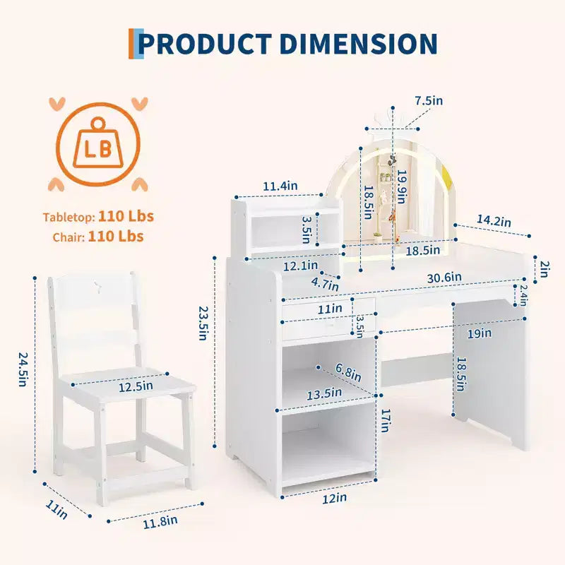Table et chaise de coiffeuse pour enfants avec miroir et lumières, tiroir et étagères de rangement ouvertes, table de maquillage en bois pour petites filles