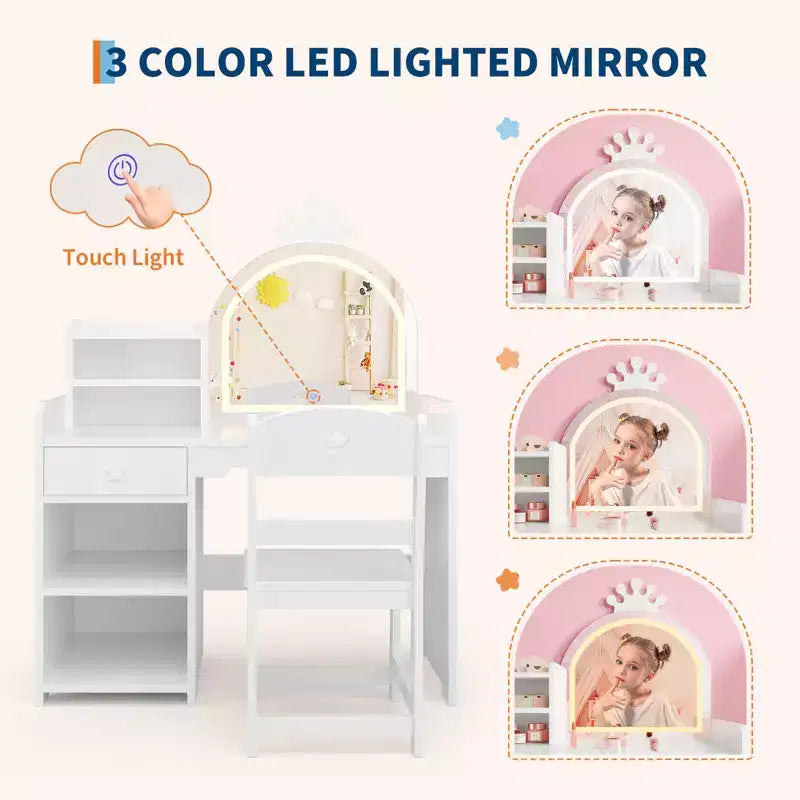 Table et chaise de coiffeuse pour enfants avec miroir et lumières, tiroir et étagères de rangement ouvertes, table de maquillage en bois pour petites filles