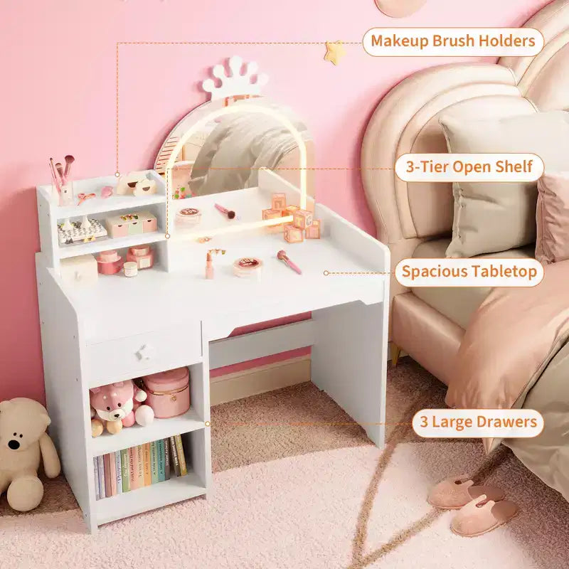 Table et chaise de coiffeuse pour enfants avec miroir et lumières, tiroir et étagères de rangement ouvertes, table de maquillage en bois pour petites filles