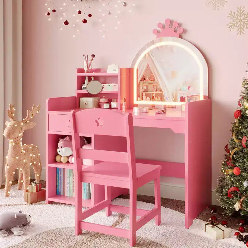Table et chaise de coiffeuse pour enfants avec miroir et lumières, tiroir et étagères de rangement ouvertes, table de maquillage en bois pour petites filles