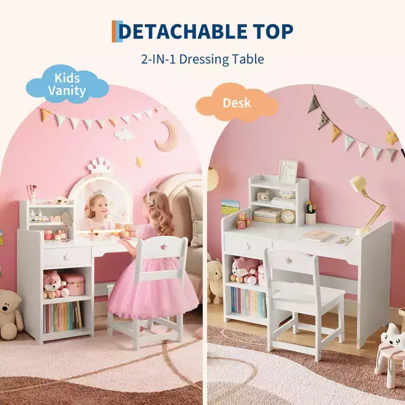 Table et chaise de coiffeuse pour enfants avec miroir et lumières, tiroir et étagères de rangement ouvertes, table de maquillage en bois pour petites filles