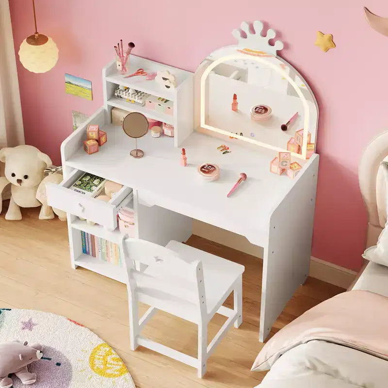 Table et chaise de coiffeuse pour enfants avec miroir et lumières, tiroir et étagères de rangement ouvertes, table de maquillage en bois pour petites filles