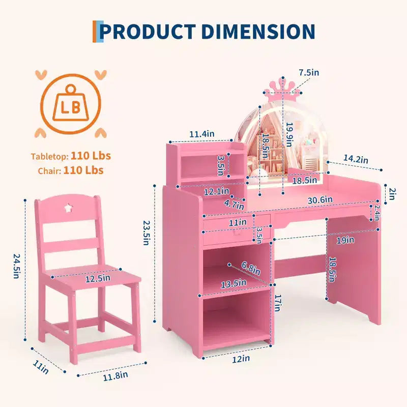 Table et chaise de coiffeuse pour enfants avec miroir et lumières, tiroir et étagères de rangement ouvertes, table de maquillage en bois pour petites filles