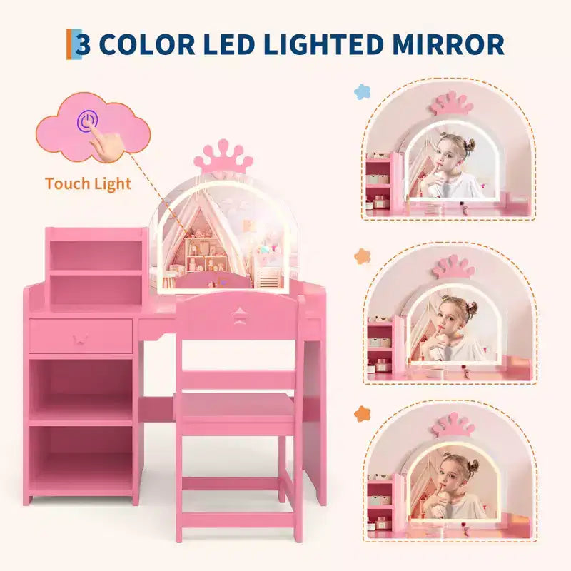 Table et chaise de coiffeuse pour enfants avec miroir et lumières, tiroir et étagères de rangement ouvertes, table de maquillage en bois pour petites filles