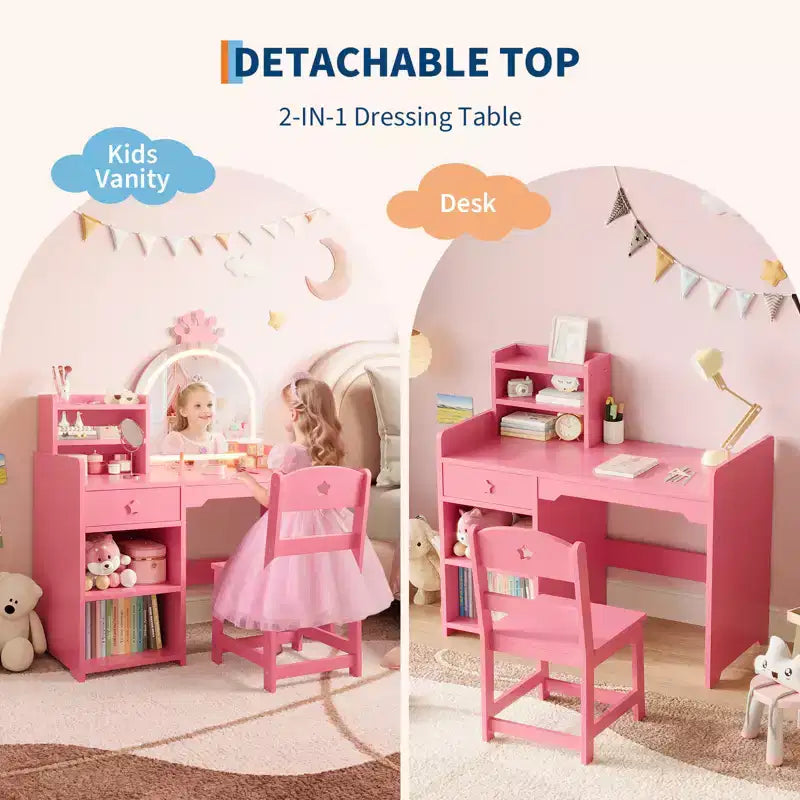 Table et chaise de coiffeuse pour enfants avec miroir et lumières, tiroir et étagères de rangement ouvertes, table de maquillage en bois pour petites filles