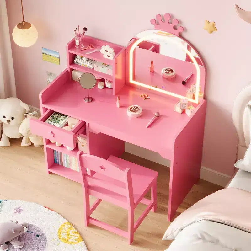 Table et chaise de coiffeuse pour enfants avec miroir et lumières, tiroir et étagères de rangement ouvertes, table de maquillage en bois pour petites filles