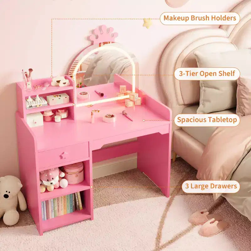 Table et chaise de coiffeuse pour enfants avec miroir et lumières, tiroir et étagères de rangement ouvertes, table de maquillage en bois pour petites filles