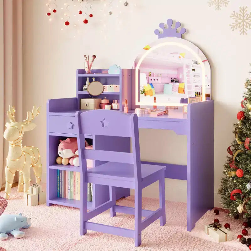 Table et chaise de coiffeuse pour enfants avec miroir et lumières, tiroir et étagères de rangement ouvertes, table de maquillage en bois pour petites filles