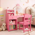 Kids Vanity Table and Chair Set with Mirror and Lights, Drawer and Open Storage Shelves, Wooden Dressing Table for Little Girls