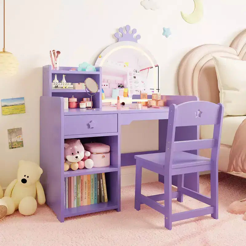 Table et chaise de coiffeuse pour enfants avec miroir et lumières, tiroir et étagères de rangement ouvertes, table de maquillage en bois pour petites filles