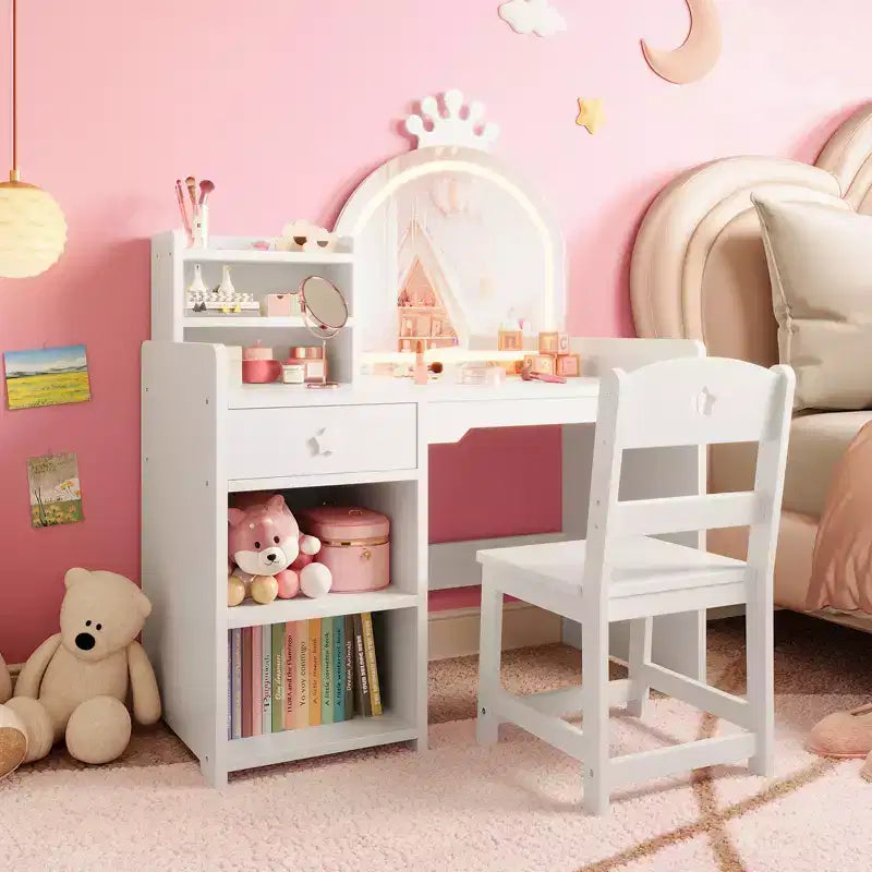 Table et chaise de coiffeuse pour enfants avec miroir et lumières, tiroir et étagères de rangement ouvertes, table de maquillage en bois pour petites filles