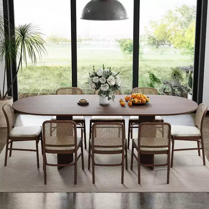 Table à manger de ferme en bois massif 79 x 33,5 avec pieds en V et plateau ovale en bois pour salles à manger modernes et réunions de famille Noyer