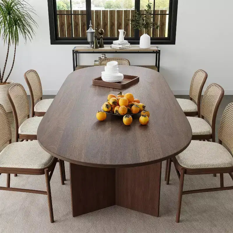 Table à manger de ferme en bois massif 79 x 33,5 avec pieds en V et plateau ovale en bois pour salles à manger modernes et réunions de famille Noyer