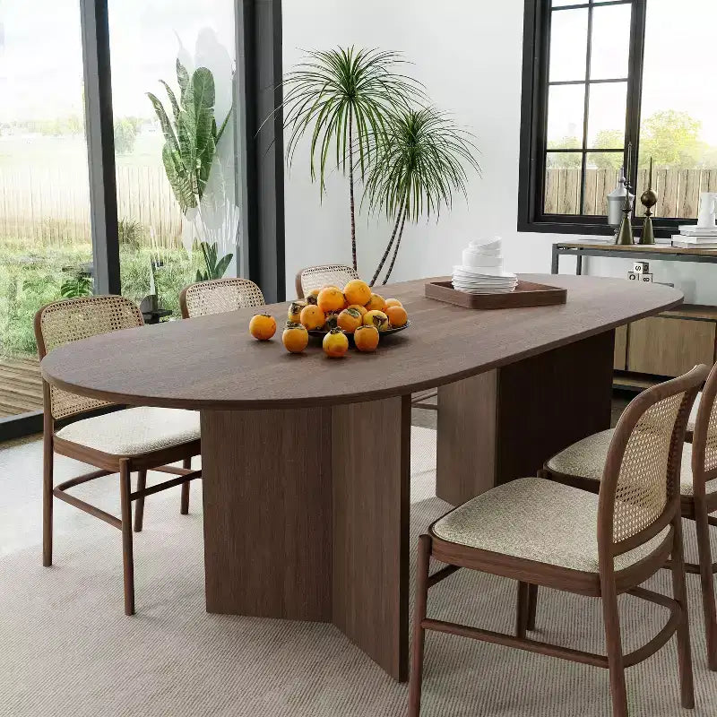 Table à manger de ferme en bois massif 79 x 33,5 avec pieds en V et plateau ovale en bois pour salles à manger modernes et réunions de famille Noyer