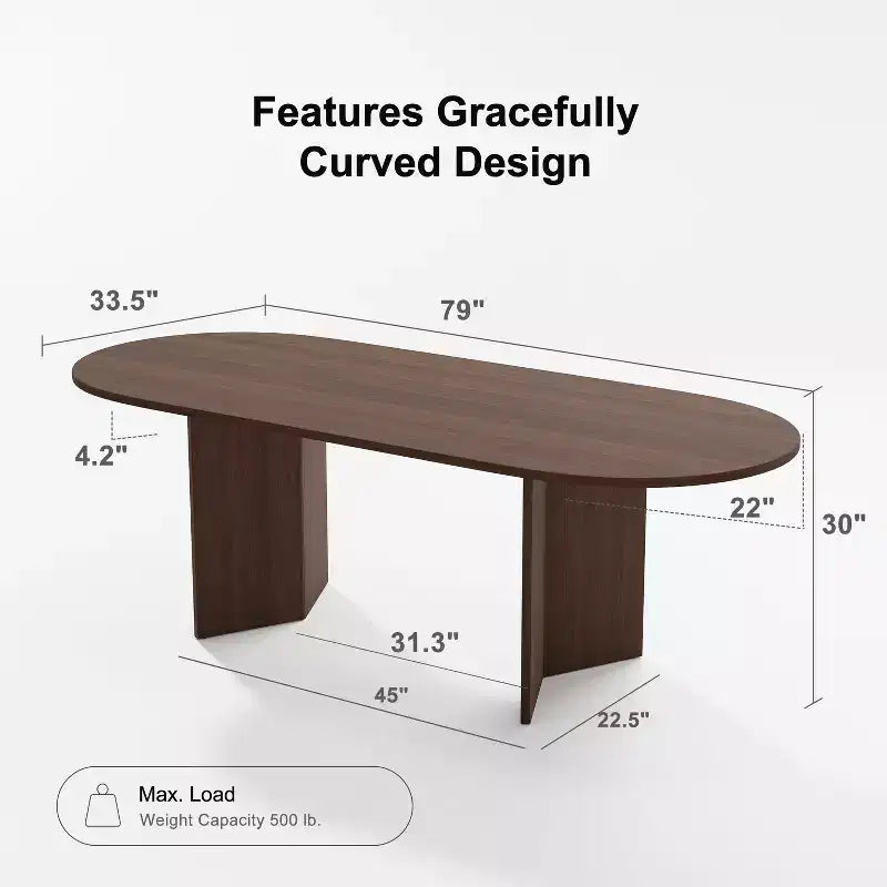 Table à manger de ferme en bois massif 79 x 33,5 avec pieds en V et plateau ovale en bois pour salles à manger modernes et réunions de famille Noyer