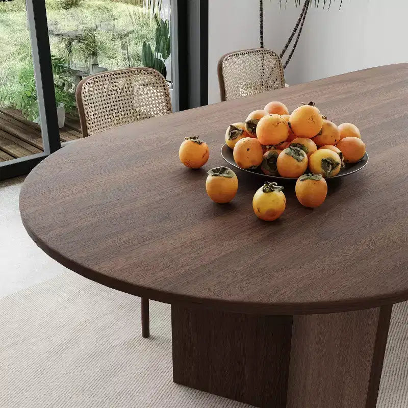 Table à manger de ferme en bois massif 79 x 33,5 avec pieds en V et plateau ovale en bois pour salles à manger modernes et réunions de famille Noyer