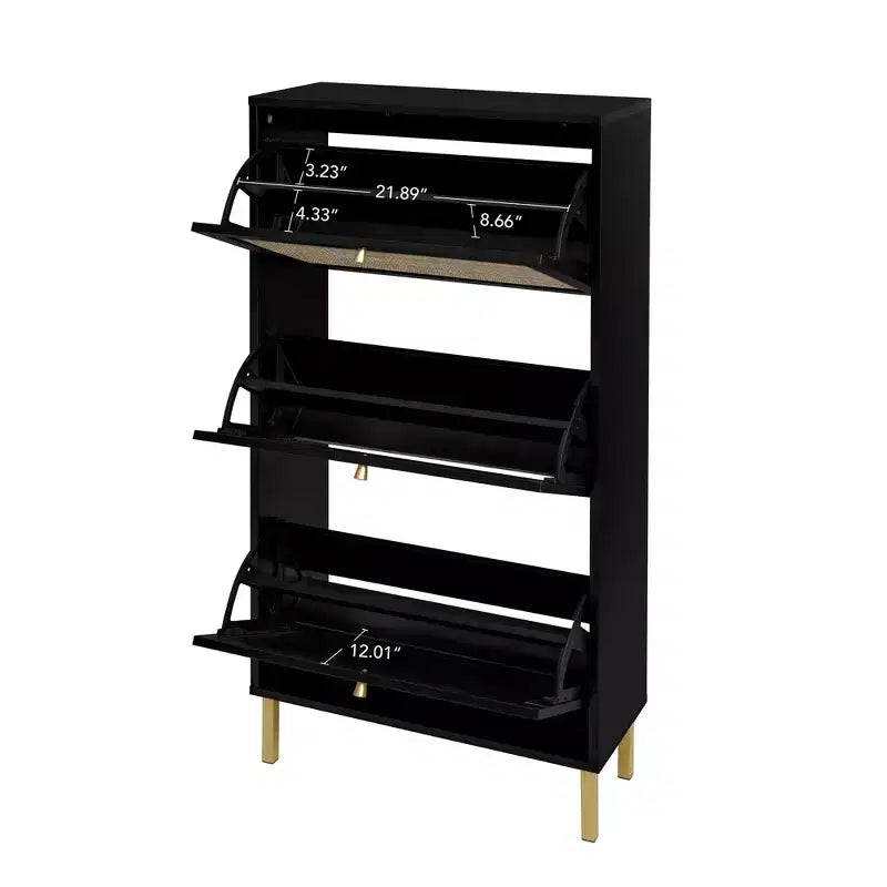 Meuble à chaussures en rotin avec 3 portes, meuble de rangement pour chaussures autoportant moderne, étagère à chaussures pour entrée, noir