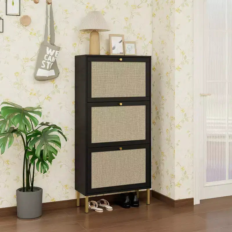 Meuble à chaussures en rotin avec 3 portes, meuble de rangement pour chaussures autoportant moderne, étagère à chaussures pour entrée, noir