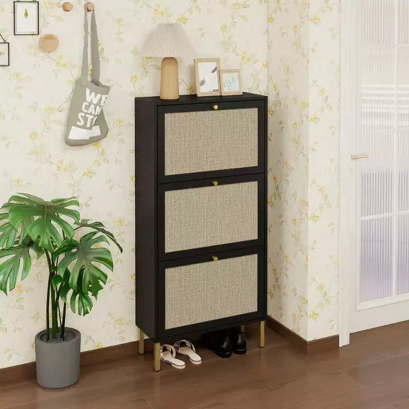 Meuble à chaussures en rotin avec 3 portes, meuble de rangement pour chaussures autoportant moderne, étagère à chaussures pour entrée, noir