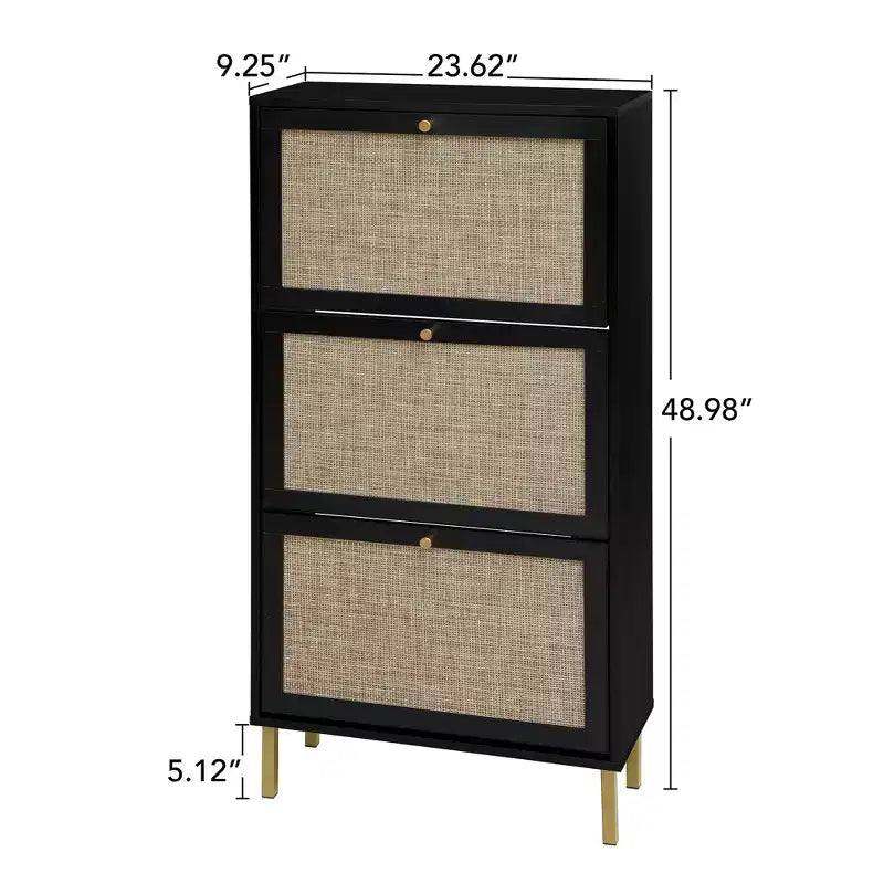 Meuble à chaussures en rotin avec 3 portes, meuble de rangement pour chaussures autoportant moderne, étagère à chaussures pour entrée, noir