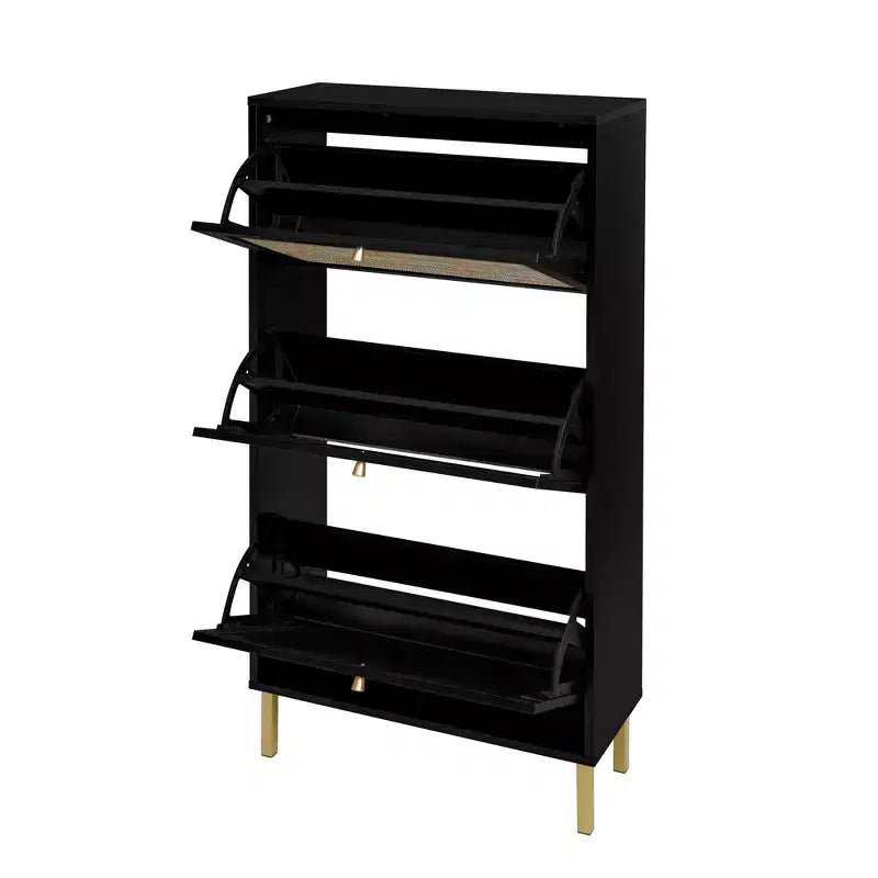 Meuble à chaussures en rotin avec 3 portes, meuble de rangement pour chaussures autoportant moderne, étagère à chaussures pour entrée, noir