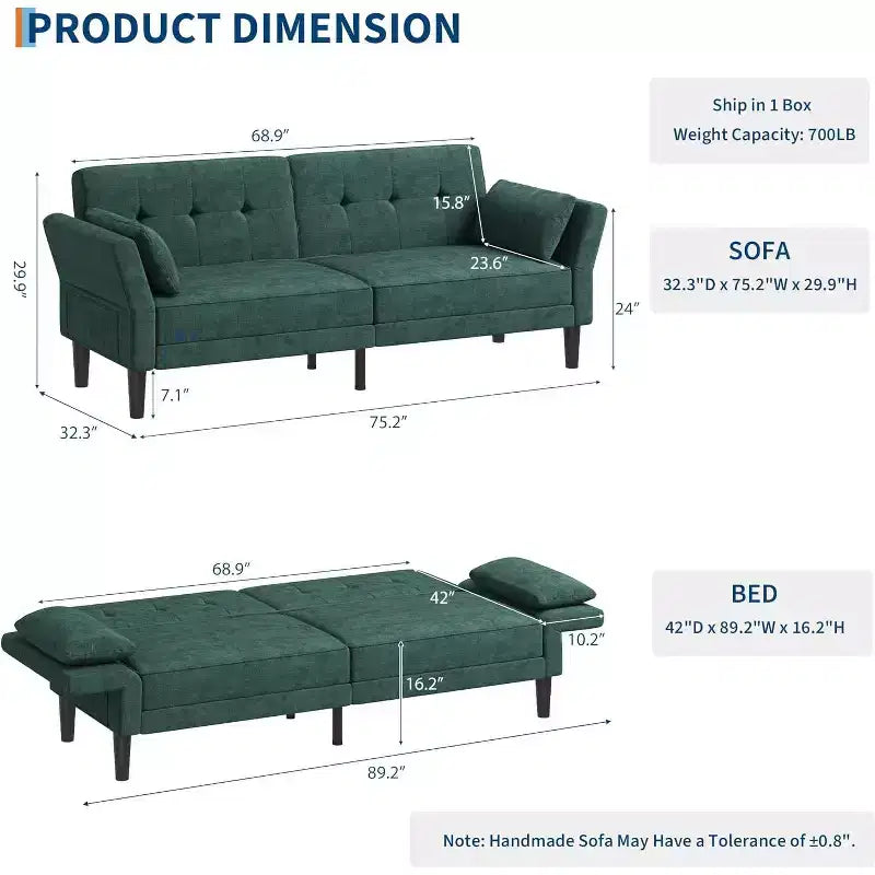 Canapé-lit futon en chenille 89, canapé-lit convertible moderne avec dossier et accoudoirs réglables, canapé 3 places avec 2 oreillers pour appartement