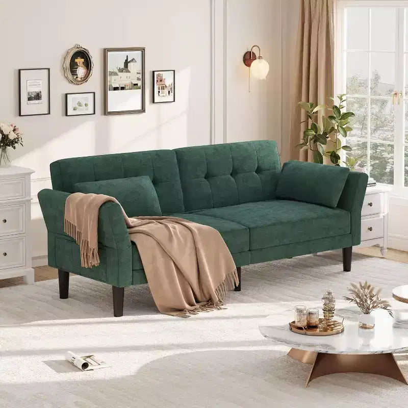 Canapé-lit futon en chenille 89, canapé-lit convertible moderne avec dossier et accoudoirs réglables, canapé 3 places avec 2 oreillers pour appartement