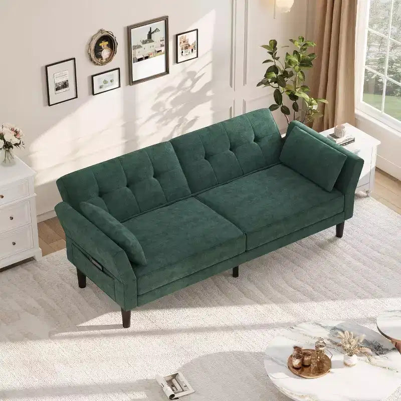 Canapé-lit futon en chenille 89, canapé-lit convertible moderne avec dossier et accoudoirs réglables, canapé 3 places avec 2 oreillers pour appartement