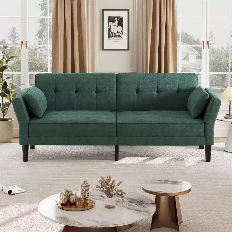 Canapé-lit futon en chenille 89, canapé-lit convertible moderne avec dossier et accoudoirs réglables, canapé 3 places avec 2 oreillers pour appartement