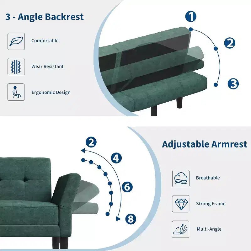 Canapé-lit futon en chenille 89, canapé-lit convertible moderne avec dossier et accoudoirs réglables, canapé 3 places avec 2 oreillers pour appartement