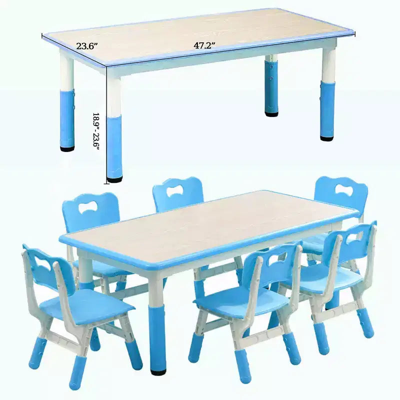 Table et chaise pour enfants, table et 6 chaises réglables en hauteur pour enfants de 2 à 10 ans, table d'activités pour enfants supportant jusqu'à 136 kg, bleue
